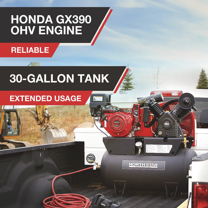 Compresor de aire portátil a gasolina : motor Honda GX390 OHV, tanque horizontal de 30 galones, 24,4 CFM a 90 PSI - NorthStar