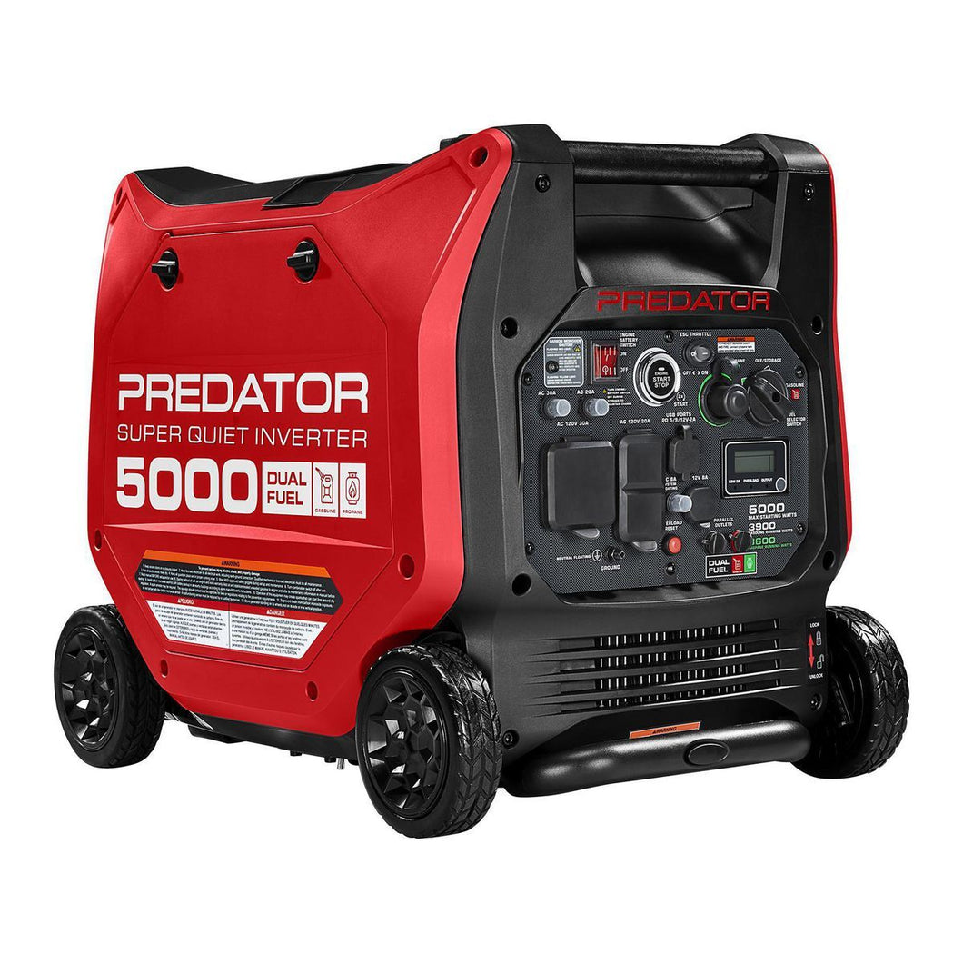 PREDATOR Generador inversor SÚPER SILENCIOSO de combustible dual de 5000 vatios con arranque remoto y tecnología CO SECURE