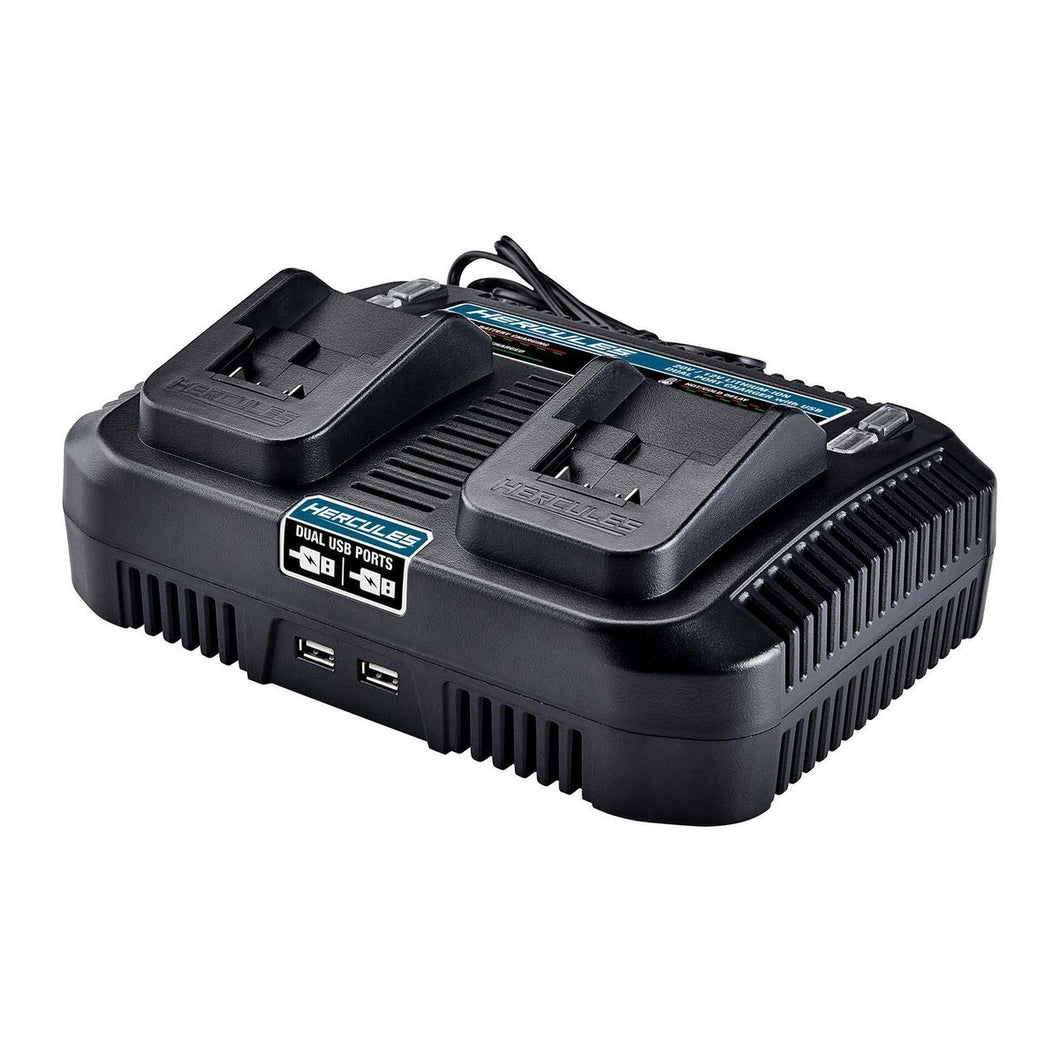 Hercules 20v/12v Cargador rápido de iones de litio multivoltaje de puerto dual con USB dual