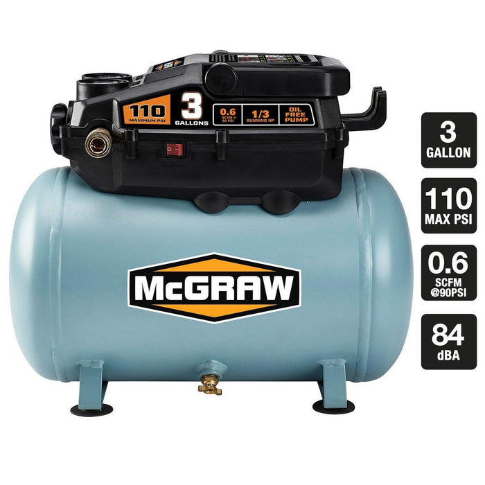 3 Galones 110 PSI Compresor de aire Hotdog sin aceite, 1/3 HP - Mcgraw